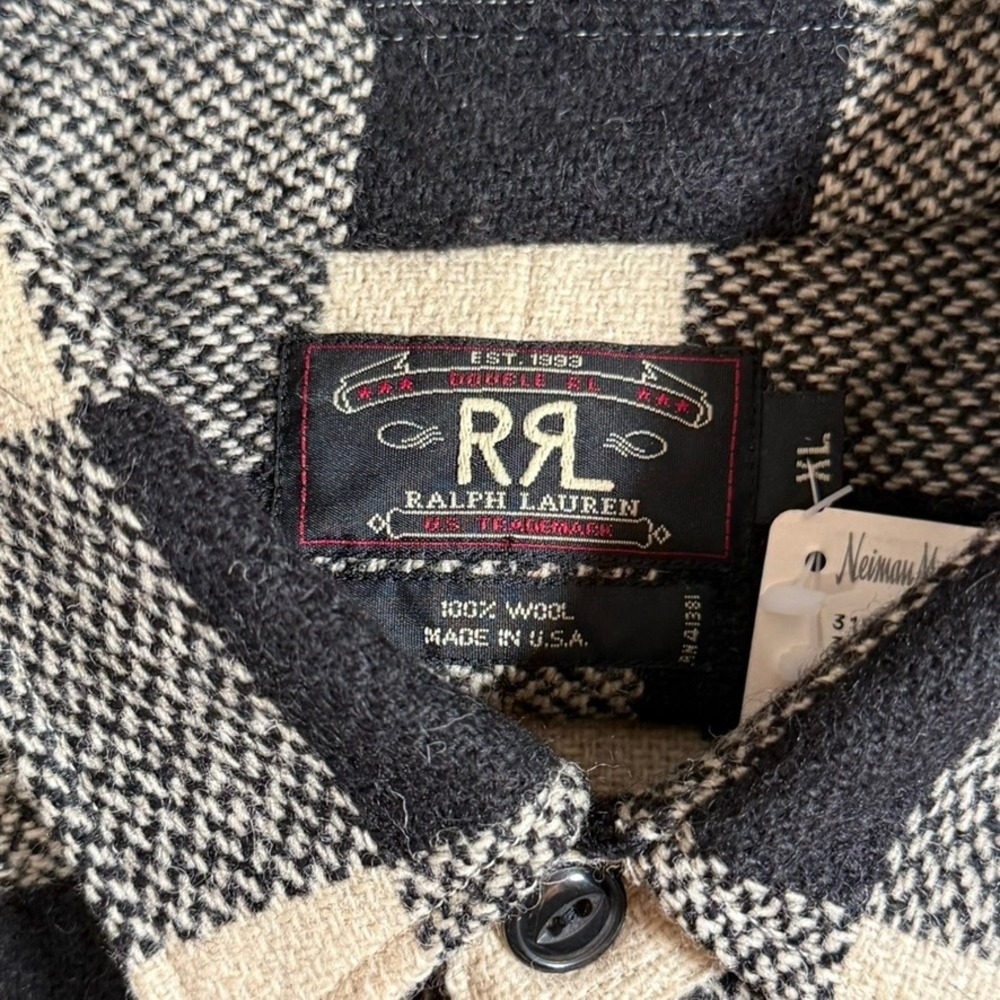 VTG RRL Ralph Lauren Mens XL Wool Buffalo Plaid Work Shirt Black Cream USA NWT - Picture 6 of 12